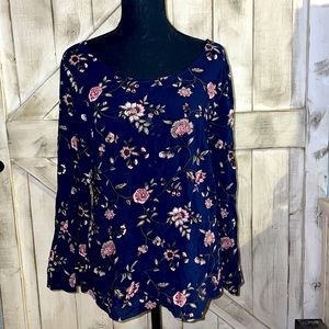 Faded Glory NavyBlue Floral Print Medium size Long sleeve Blouse